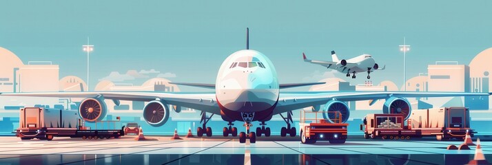 Aufkleber - A large cargo airplane is positioned on the runway, surrounded by various loading and unloading equipment, indicating active operations. Generative AI