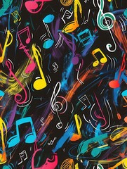Poster - Colorful brushstrokes and musical notes blend together on a chalkboard, creating a lively backdrop for artistic expression and music learning. Generative AI