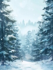 Poster - The tranquil forest is blanketed in snow, with tall pine trees standing majestically as snowflakes gently fall around them. Generative AI