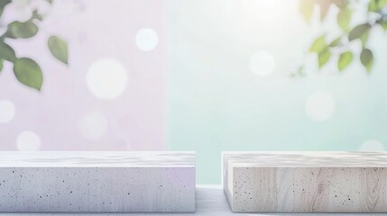 Two empty pedestals, one concrete and one wooden, are ready to display products against a blurred green background with a bokeh effect, creating a serene and natural setting for showcasing items