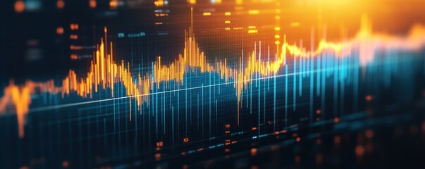 Wall Mural - Abstract digital data visualization with blue and orange lines, representing growth and fluctuation in data.