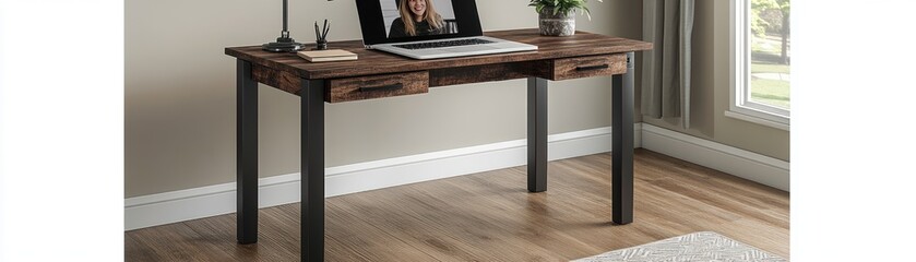 Wall Mural - Rustic brown wooden desk with two drawers and black metal legs, on wooden floor, in a home office.