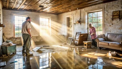 Sunlight streams through a window in a flooded room, casting beams of light across the dusty floor and illuminating two figures standing in the space.