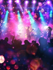 Fototapete - An enthusiastic crowd enjoys a live music performance as vibrant lights illuminate the stage and musicians play passionately. Generative AI