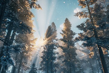 Aufkleber - Tall pine trees covered in snow stand majestically, with sunlight streaming through their branches in a tranquil winter landscape. Generative AI