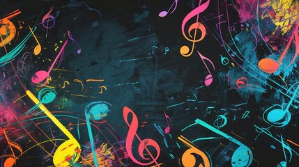 Poster - The chalkboard displays a lively mix of colorful brushstrokes intertwined with musical notes and symbols, showcasing artistic creativity. Generative AI