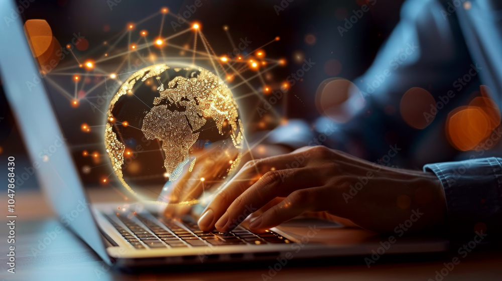Hands type on a laptop keyboard with a glowing digital globe above ...