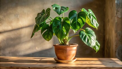 A potted houseplant with large, heart-shaped leaves sits on a wooden surface bathed in sunlight. The plant is a symbol of life and growth, and its presence brings a touch of nature indoors.