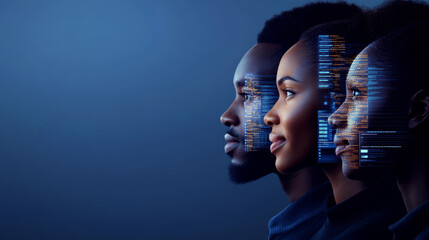 Three profiles with digital code overlays are on a blue background. Concept of human and technology integration. For technology and innovation articles.
