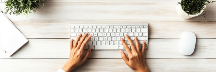 Poster - Close-up view of hands typing on a white keyboard, with a white mouse and two potted plants on a light wood desk.