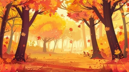 Poster - The forest glows with golden light as trees display bright fall foliage, creating a peaceful autumn atmosphere. Generative AI