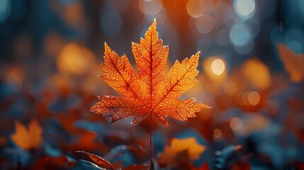 Wall Mural - Autumn Maple Leaf with Dewdrops - Nature Photography