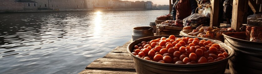 Poster - Fresh tomatoes in a wooden bucket on a dock with a river and buildings in the background.