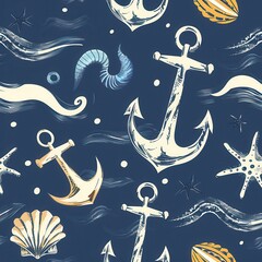 Poster - A vibrant nautical design showcases anchors, shells, and starfish on a rich blue backdrop, evoking a maritime theme filled with life. Generative AI