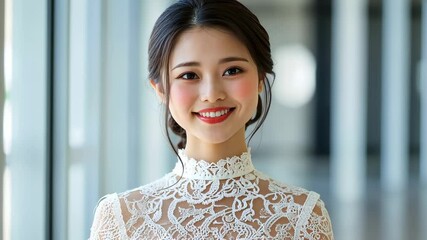 Sticker - Beautiful woman in a white lace dress smiling at the camera.