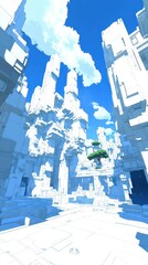Wall Mural - low poly white city with a single tree and a blue sky.