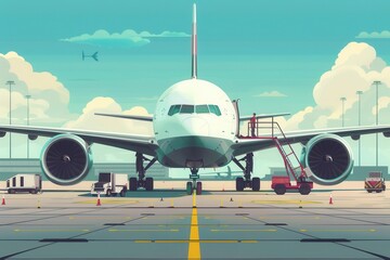 Poster - A cargo airplane is positioned on the runway, with various loading and unloading equipment working around it to facilitate operations. Generative AI