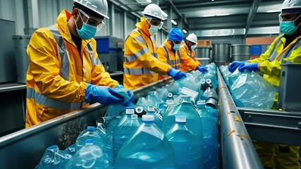 Aufkleber - Several workers are actively sorting various types of plastic waste on a conveyor belt at a recycling facility, wearing protective gear to ensure safety and hygiene.
