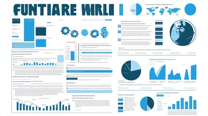 Wall Mural - A blue and white infographic with charts, graphs, and text, representing data on the global economy and trade.