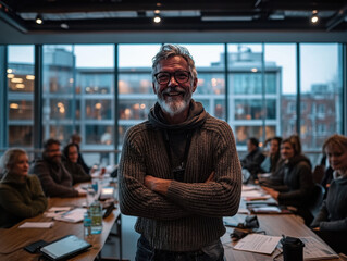 A confident man stands in front of a meeting room, smiling, with a group of people engaged in discussion behind him, surrounded by large windows and natural light.