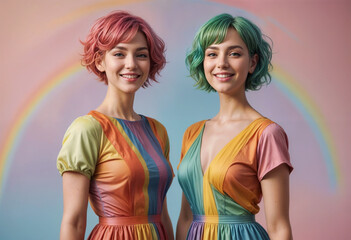 Wall Mural - fashionable joyful women with short haircut and rainbow hair  in rainbow dress on pure rainbow  background cinematic light