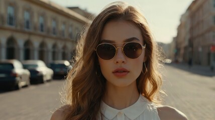 A woman with long hair and sunglasses stands on a city street