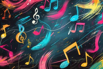 Leinwandbilder - A chalkboard showcases vibrant brushstrokes in bold colors, intertwined with dynamic musical notes and symbols, creating artistic expression. Generative AI