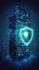 Poster - A glowing blue shield protects a data server from cyber threats in a dark blue background.