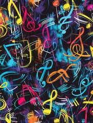 Poster - A vibrant chalkboard displays artistic brush strokes intertwined with colorful musical notes, showcasing creativity in a classroom. Generative AI