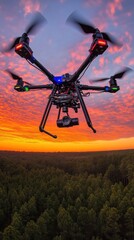 Sticker - A black drone flies over a forest at sunset with vibrant orange and pink colors.