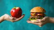 © Анатолий Сав - A hand shows a bright red apple, while the other holds a tempting hamburger, highlighting healthy vs. unhealthy food choices. Generative AI