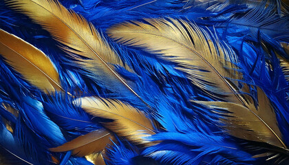 A Blue and golden feather painting art background, generative AI.