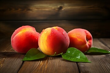 Fresh Peachs on wooden background