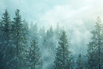 Aufkleber - Tall pine trees stand majestically in a snow-covered forest, while delicate snowflakes gently fall, creating a peaceful winter atmosphere. Generative AI