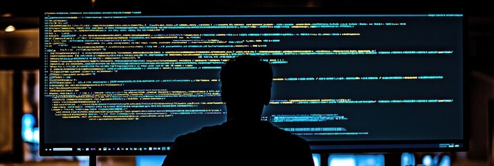 Silhouetted programmer looking at computer screen with code.
