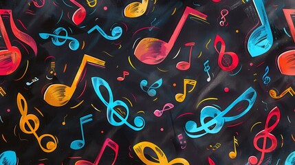 Poster - Bright brushstrokes and musical symbols fill a chalkboard, showcasing creativity in a classroom as students explore art and music. Generative AI