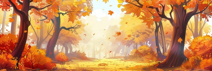 Poster - A tranquil autumn forest features trees bursting with colorful leaves, highlighting the beauty of fall on a calm day. Generative AI