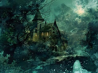 Wall Mural - Enchanted Forest Castle at Night - Fantasy Landscape Painting