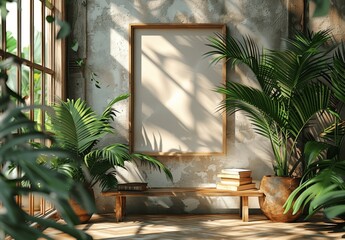 Rustic Boho Interior with Wooden Frame and Tropical Leaves