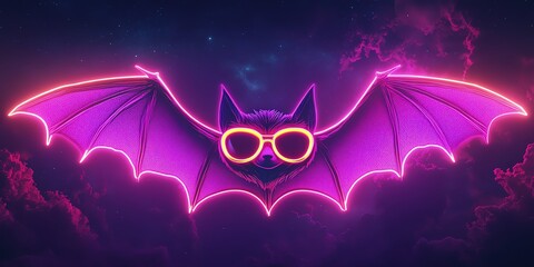 Neon bat, punk wings, glowing sunglasses, bright night sky