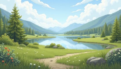 Sticker -  Tranquil lakeside path in a serene mountain valley