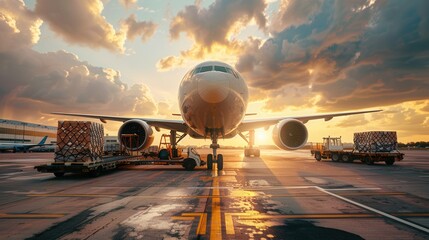 Poster - A cargo airplane stands on the runway at sunset, surrounded by equipment for loading and unloading cargo, preparing for departure. Generative AI