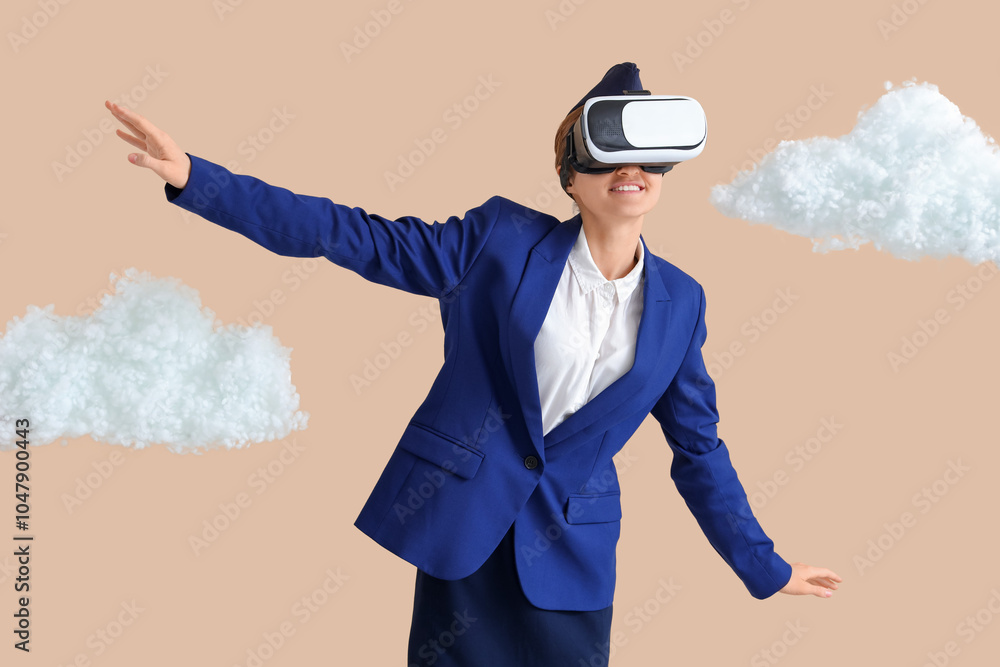Female stewardess in VR glasses with white clouds on beige background
