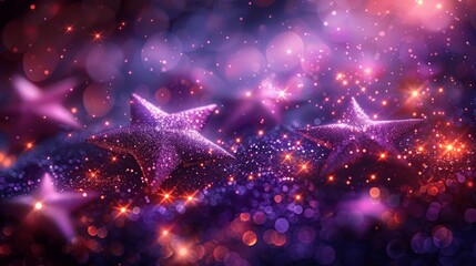 Wall Mural - purple starry night sky with falling stars and bokeh lights