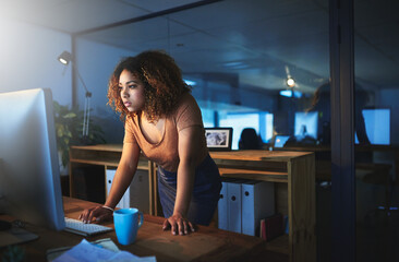 Aufkleber - Business, woman and typing on computer at night for IT career, software maintenance and programming. Girl, coder and online information with website error, security development and project deadline