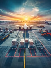 Aufkleber - A cargo airplane awaits loading on the runway, surrounded by equipment and illuminated by a stunning sunset in the background. Generative AI