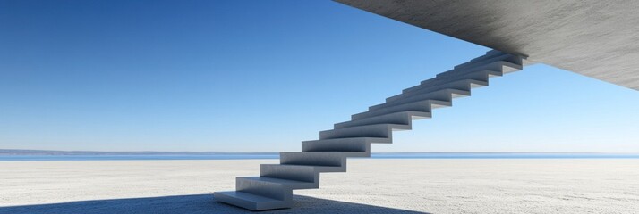 Wall Mural - Concrete stairway leading up to a bright blue sky over a white sandy beach.