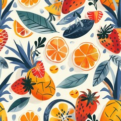 Leinwandbilder - This lively fruit pattern showcases pineapples, strawberries, and citrus fruits surrounded by lush leaves, creating a joyful décor vibe. Generative AI