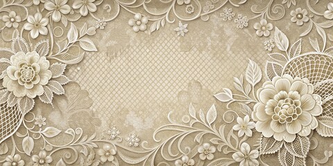 Wall Mural - Elegant Embossed Floral Design with Intricate Lacework on a Textured Beige Background