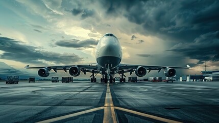 Aufkleber - A cargo airplane is stationed on the runway as equipment operates around it, preparing for loading and unloading tasks under gray skies. Generative AI